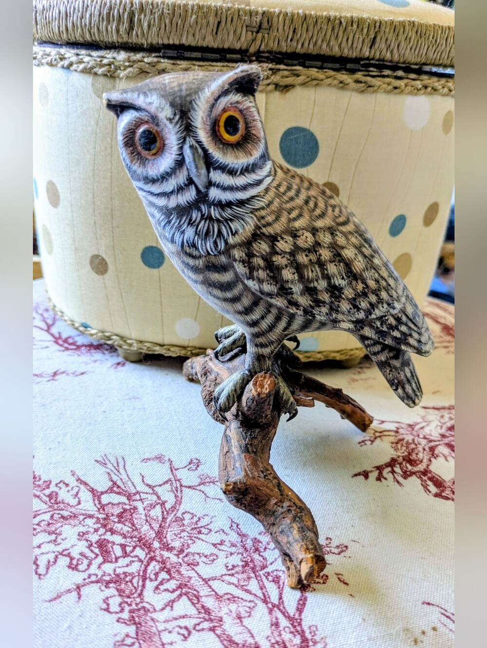 Vintage Handmade Hand-Painted Realistic Owl Figurine on Real Wood Branch 7" x 6
